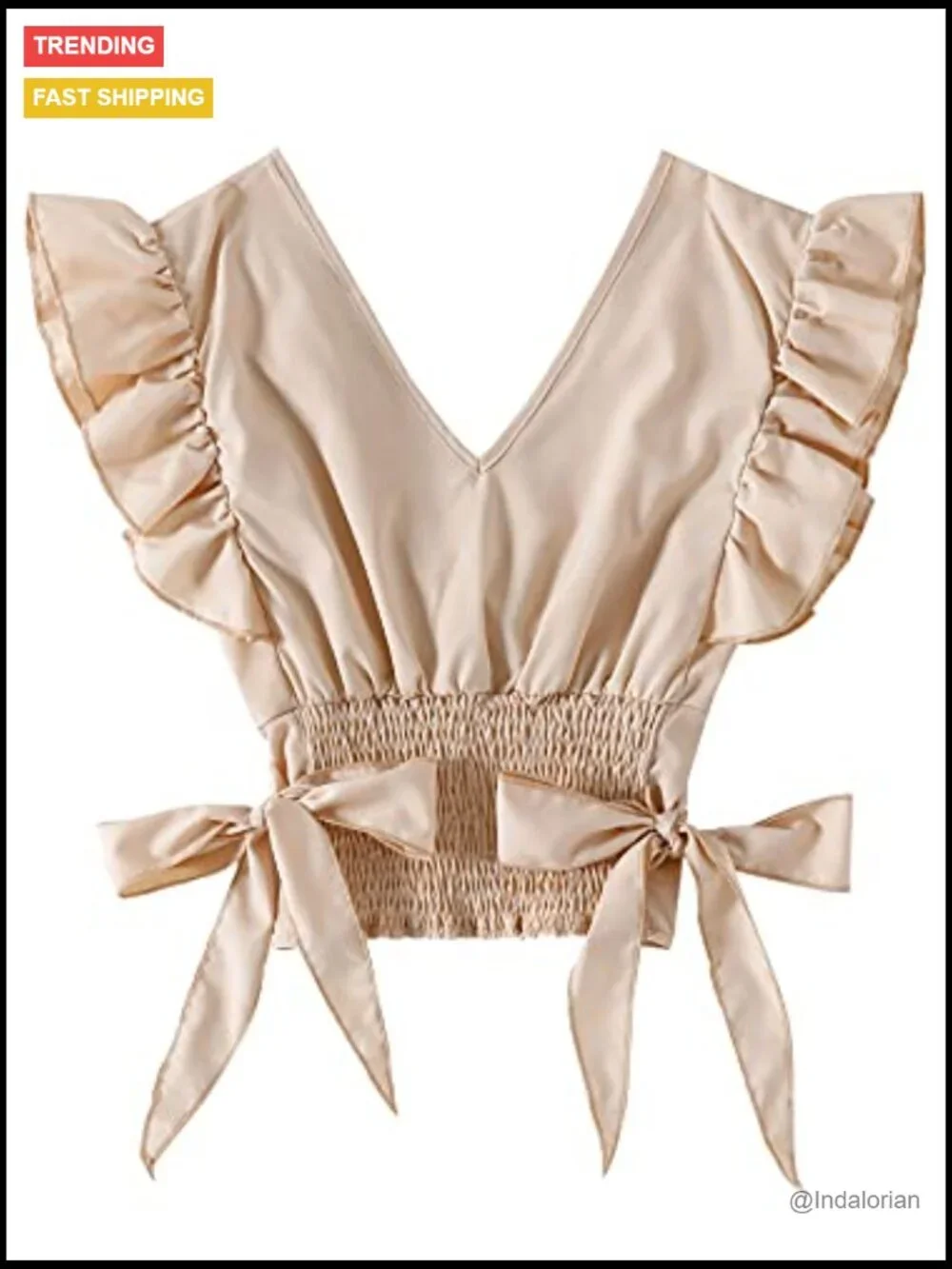 V-Neck Ruffle Cap Sleeve Side Bow Shirred Hem Crop Tank Top - Picture 3 of 5